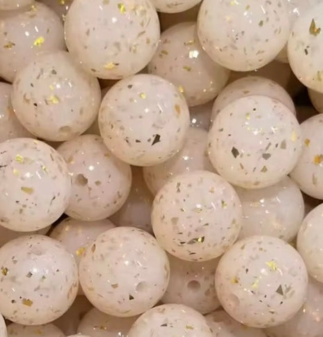 Perles rondes 15 mm beige / or pailleté